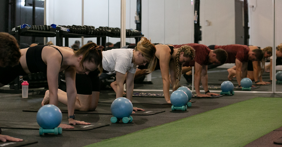 High angle view of a group fitness class in action