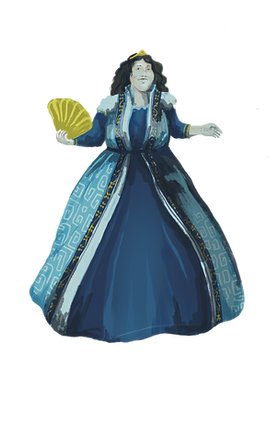 Illustration of fictional character Queen Eadaoin in a blue gown with a golden fan and tiara
