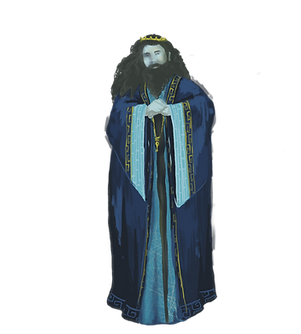 Illustration of King Corc in a long blue robe with gold trim and crown, hands clasped on a cane