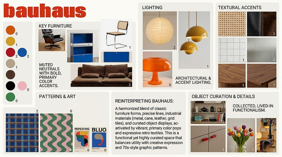Bauhaus-themed collage features bold, primary colors, modern furniture, patterned art, accent lighting, and curated objects in a stylish layout.