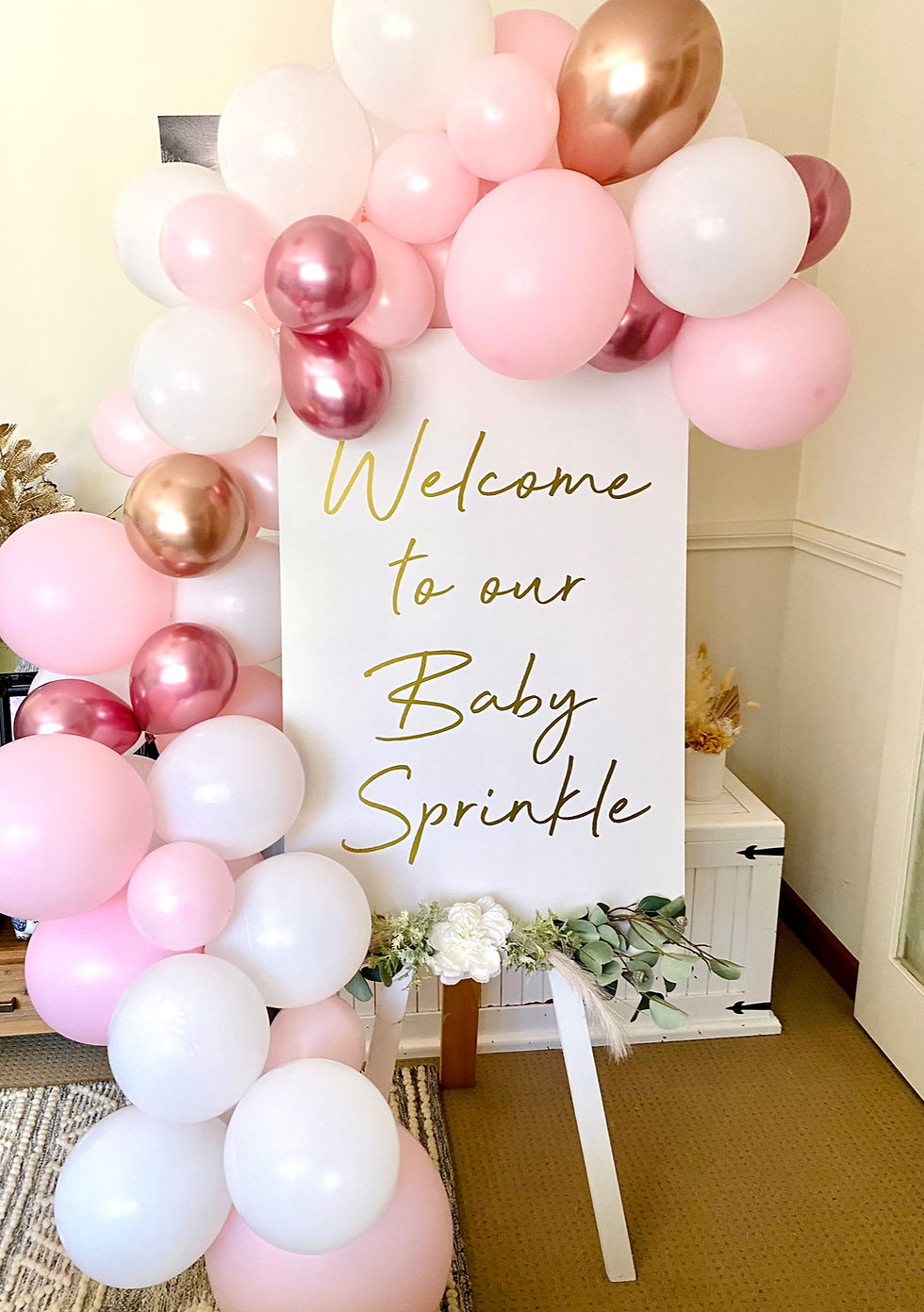 Welcome to our Baby Sprinkle Sign on Easel with 'Just Pinks' Balloon Garland