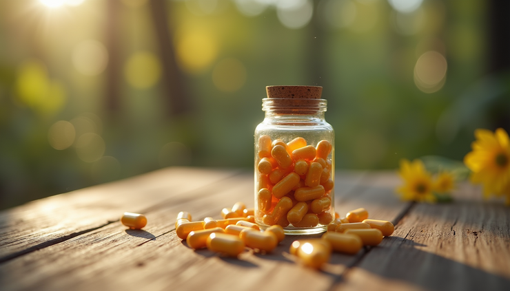 Eye-level view of a capsule bottle with Cordyceps Militaris supplements on a wooden table