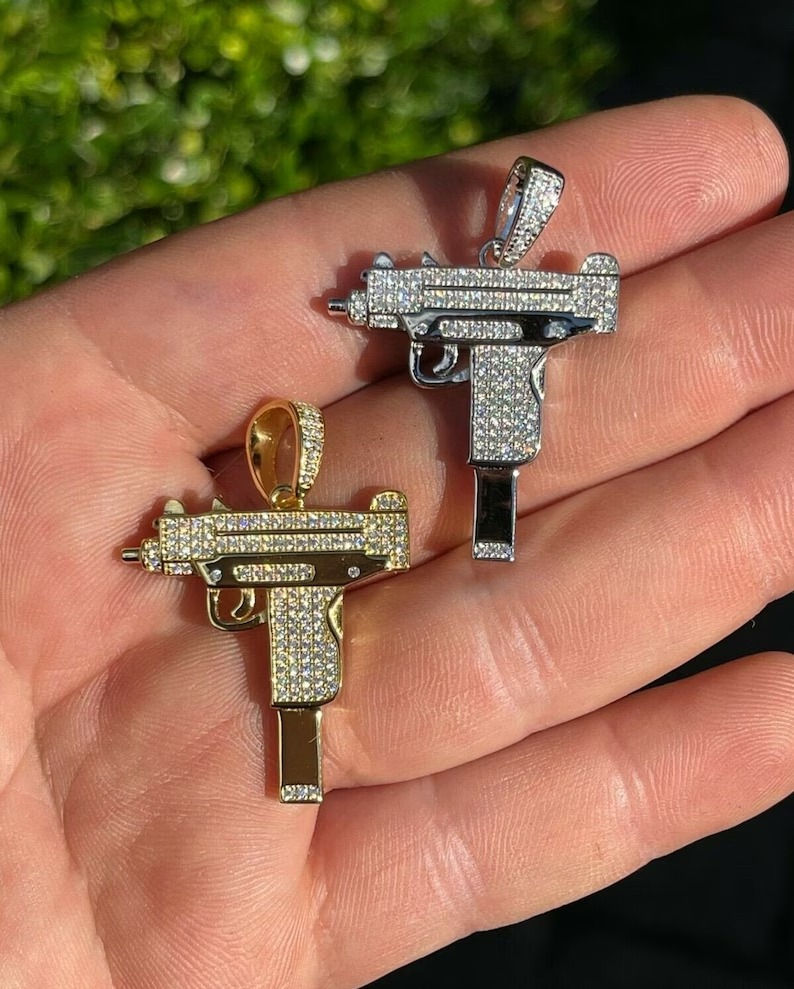Thumbnail: Iced Out Moissanite Uzi Pendant: 925 Sterling Silver, Rhodium/Gold Finish