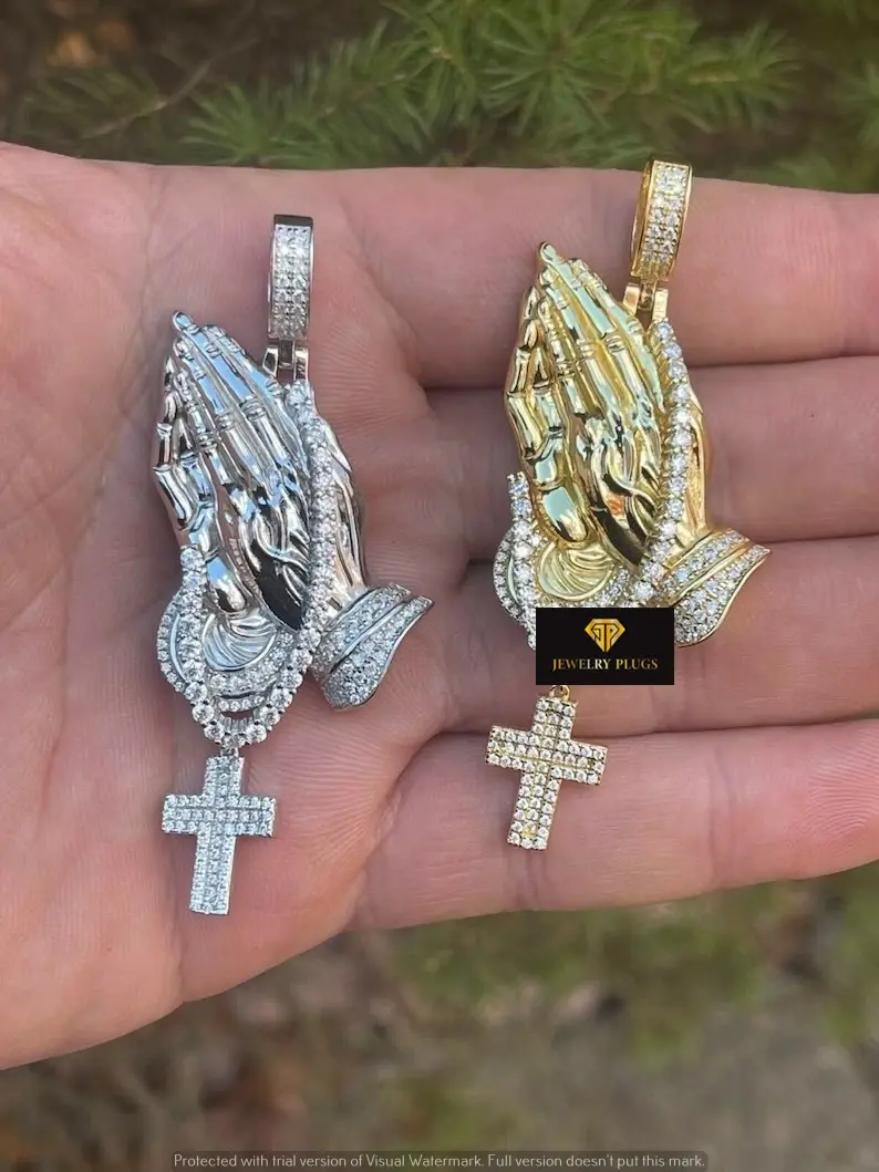 Thumbnail: Moissanite Praying Hands Rosary Pendant Necklace Iced Out Cross Pendant