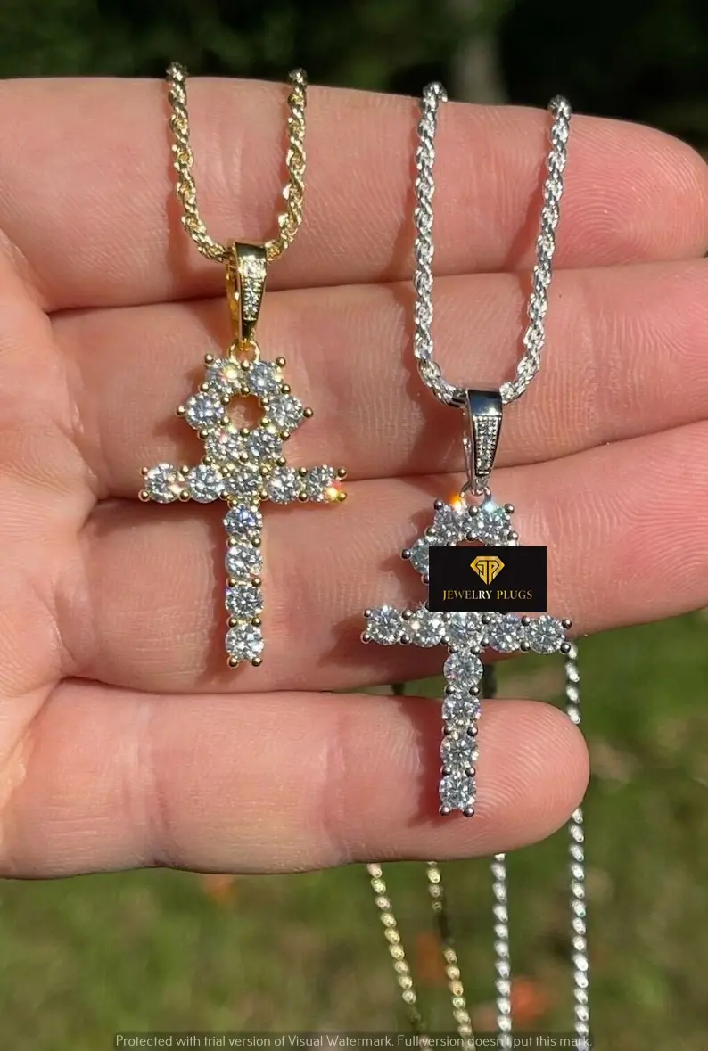 Thumbnail: Ankh Cross Moissanite Iced Out Pendant Neckless Rope Chain