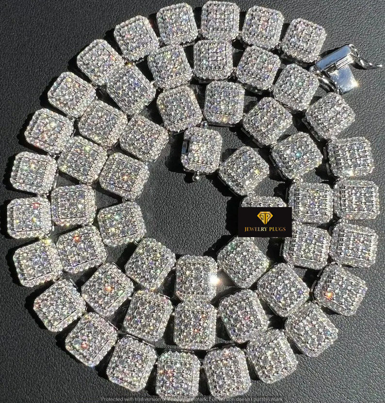 Thumbnail: 8MM Men Square Cluster Tennis Necklace Moissanite Necklace Iced Out Necklace