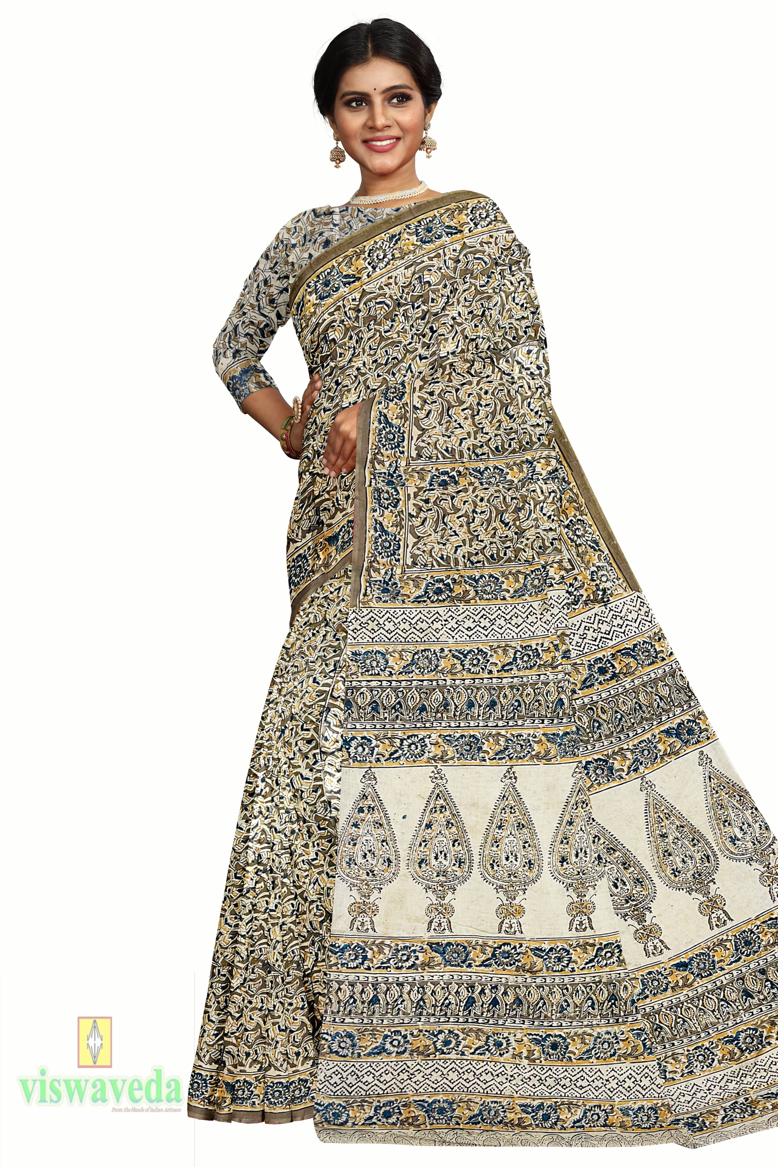Hand-Block Kalamkari Print Saree Design with Blouse