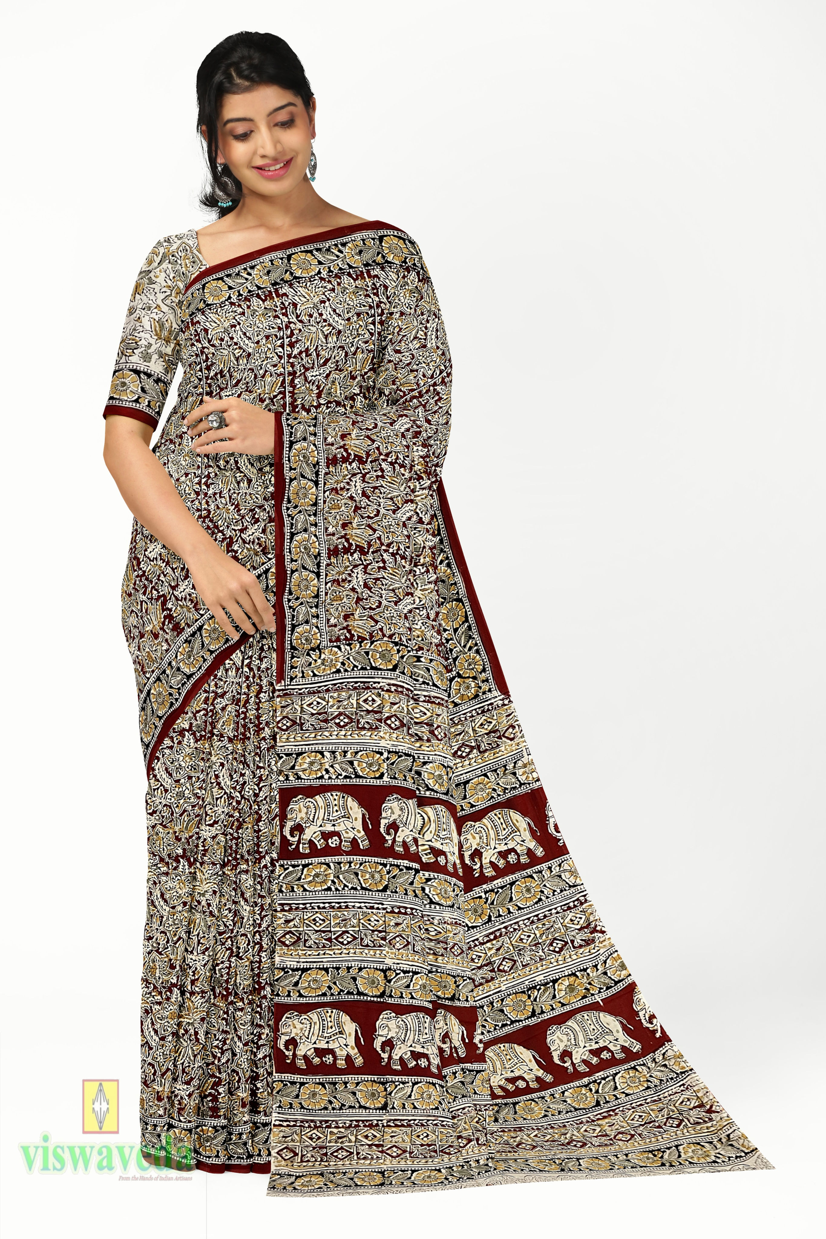 Hand-Block Kalamkari Print Saree Design with Blouse