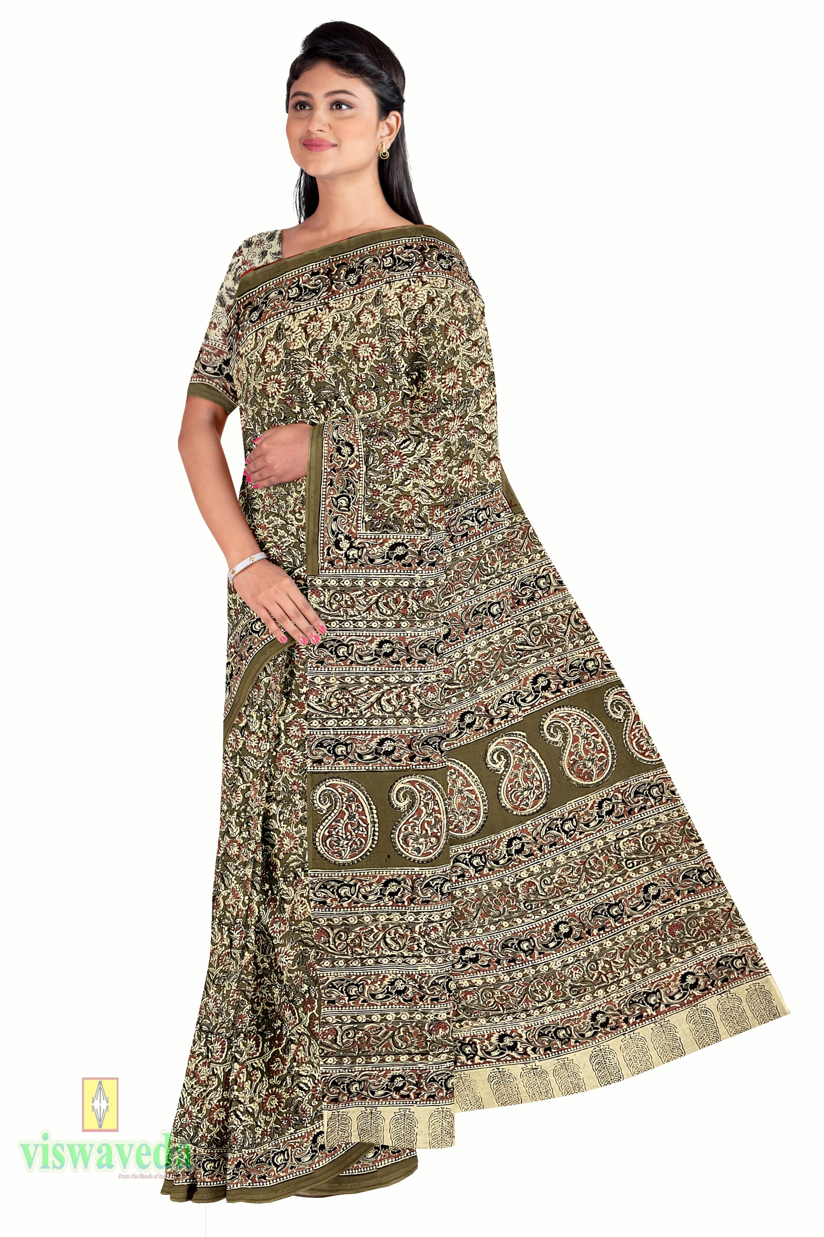 Hand-Block Kalamkari Print Saree Design with Blouse