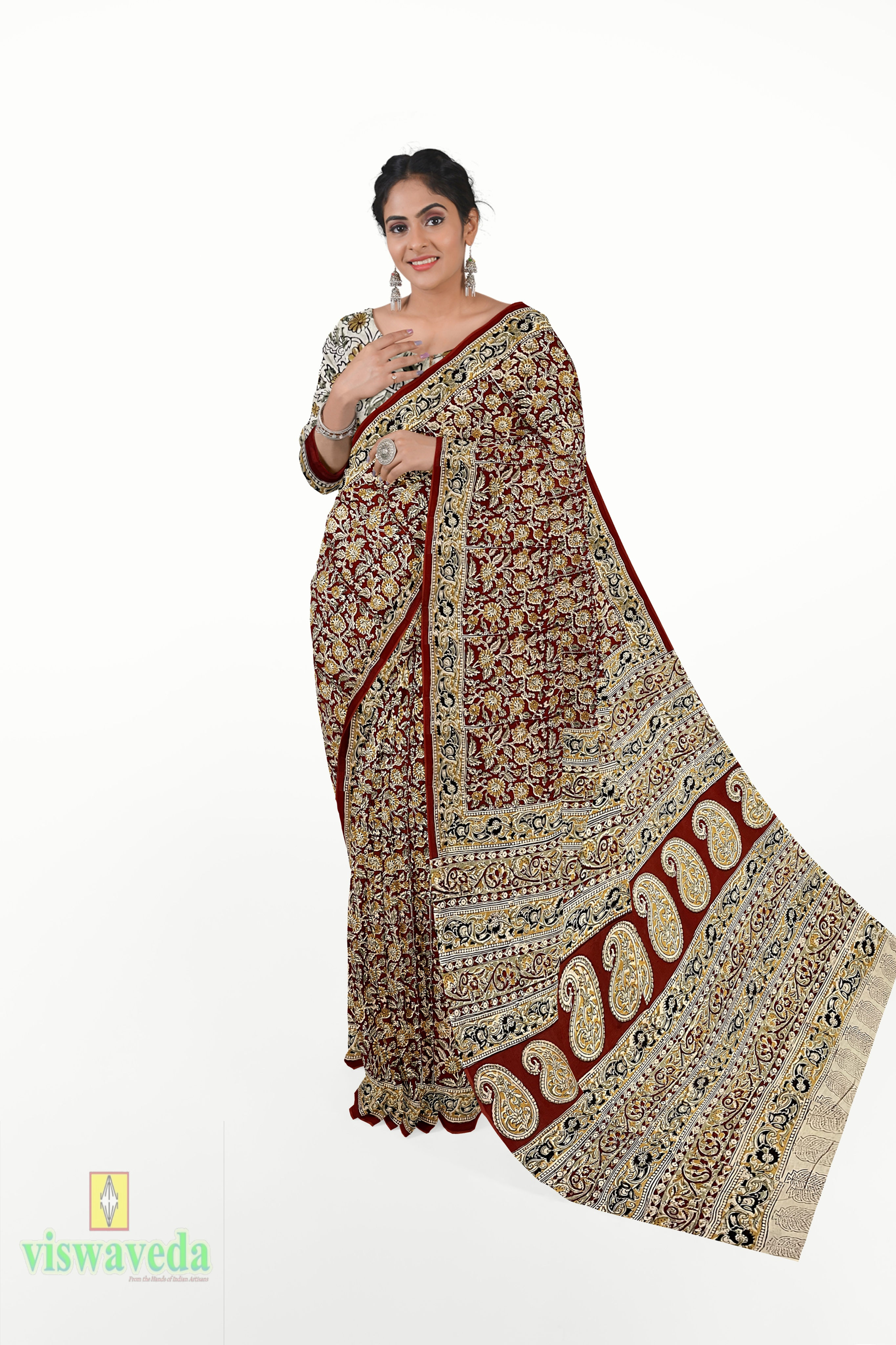 Hand-Block Kalamkari Print Saree Design with Blouse