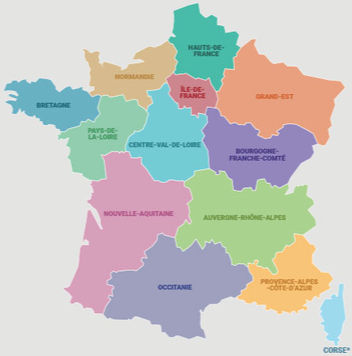 Colorful map of France divided by regions, each labeled: Bretagne, Normandie, Île-de-France, etc. Corse shown separately.