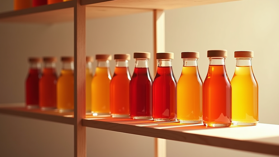 Vue en plongée d'une sélection de bouteilles d'e-liquides fruités alignées sur une étagère