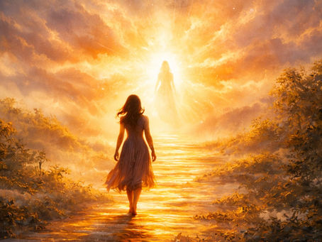 Женский силуэт идёт по светящемуся пути к свету — образ того, как Бог идёт впереди и приготовляет путь