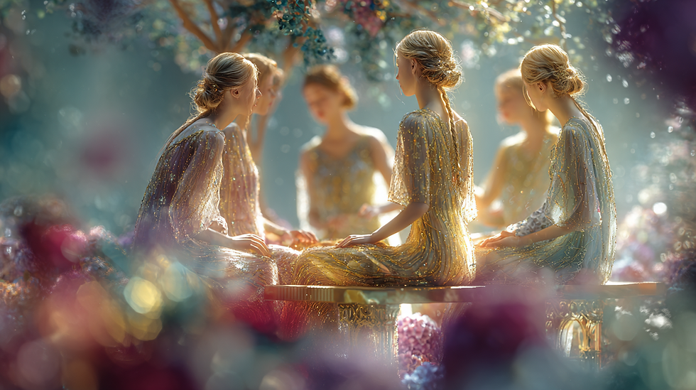 Elegant women in shimmering pastel-gold dresses gathered in a radiant garden, symbolizing The Bride’s Companions — A Meeting in the Garden.
