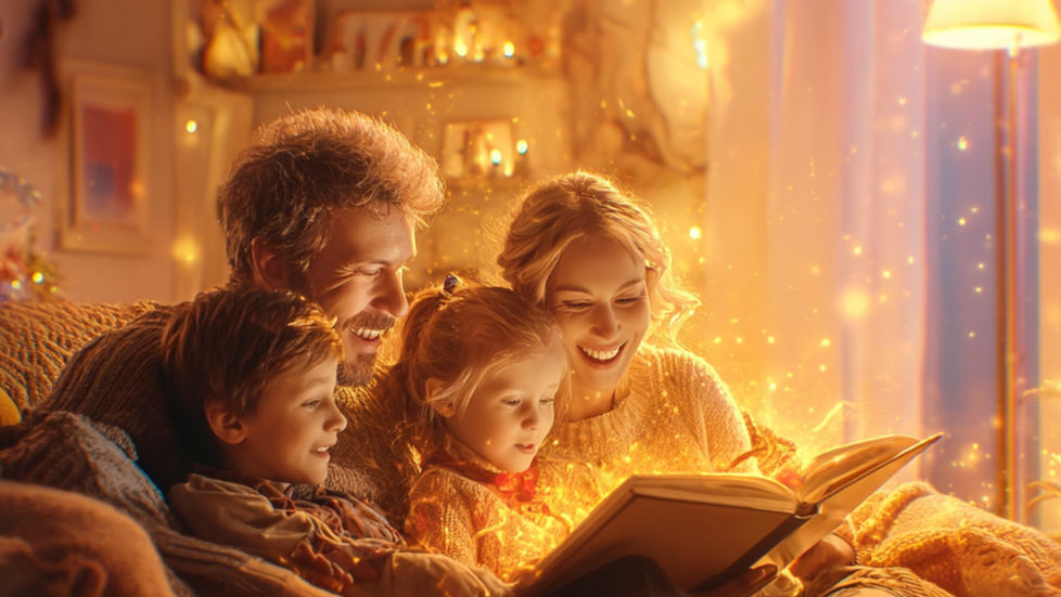Christian family reading together in a cozy living room, warm golden light, symbolizing the power of family traditions and spiritual heritage.