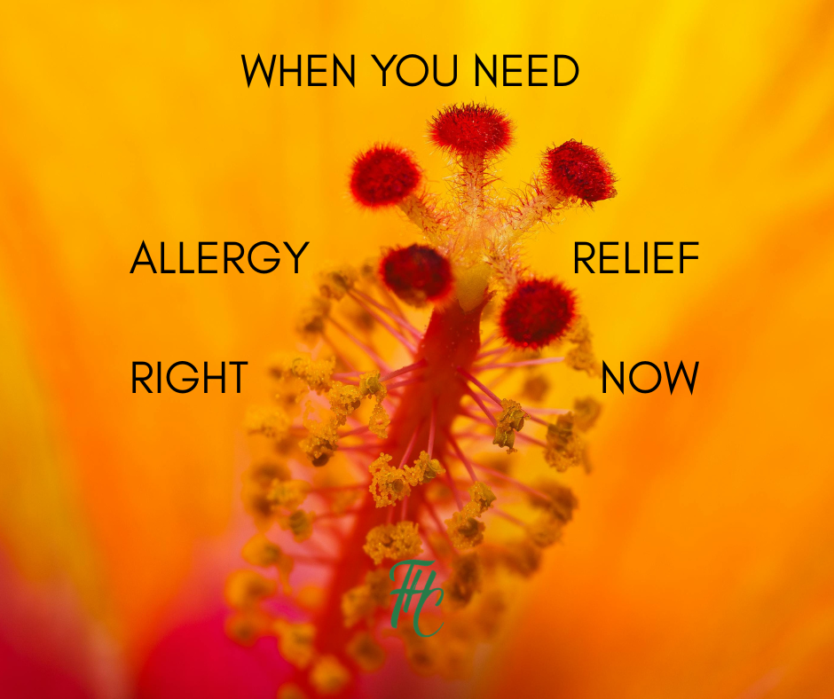The internal part of an orange hibiscus flower showing the red pistil and the filaments with the yellow anthers. Text on image: WHEN YOU NEED ALLERGY RELIEF RIGHT NOW. And logo FHC of Fernz Holistic Consulting