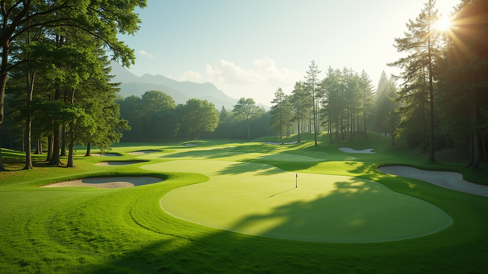 Wide angle view of a golf course with lush greenery