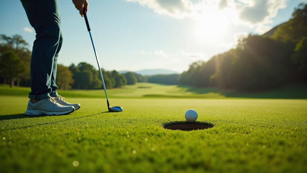 Eye-level view of a golfer teeing off on a lush green course