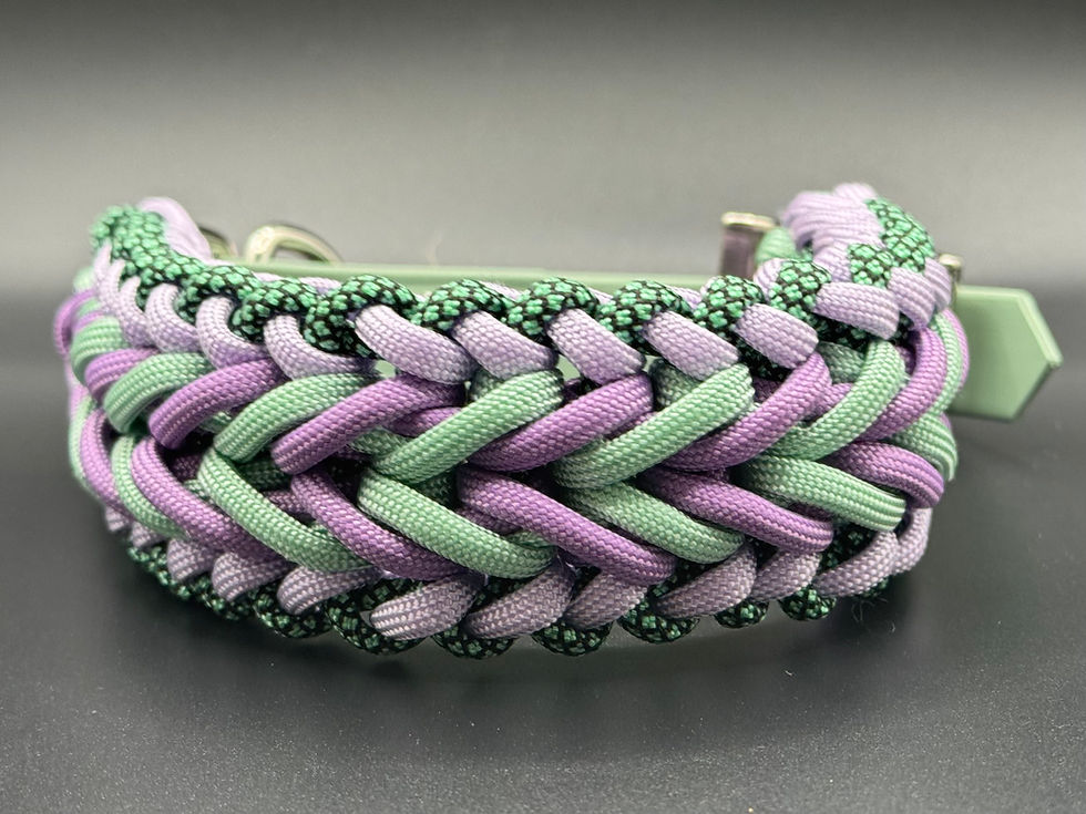 Hand woven paracord dog collar in Benno's Happiness pattern in greens, mauves and purple.