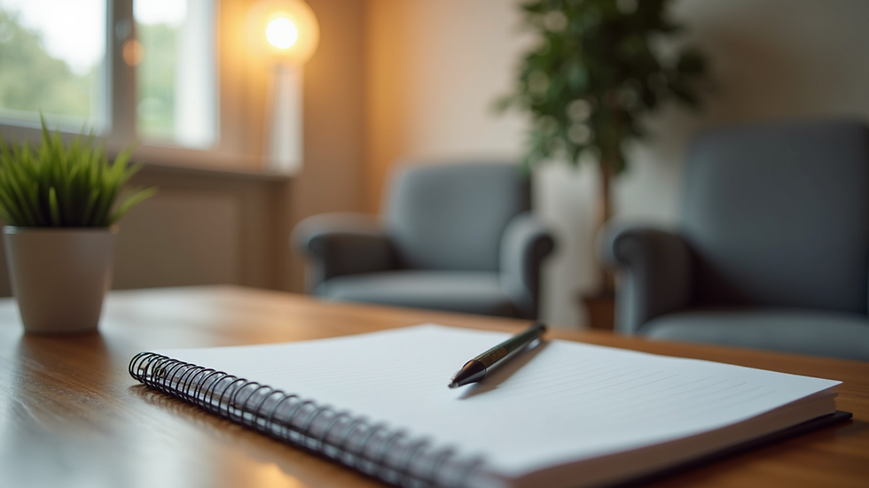 Eye-level view of a cozy consultation room with a notebook and pen ready for notes