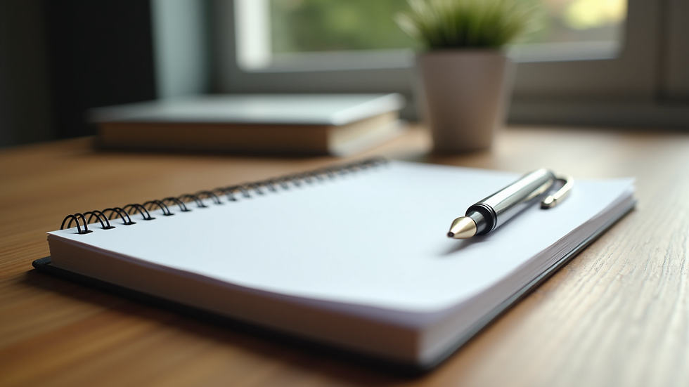 Eye-level view of a notebook and pen on a wooden table ready for planning