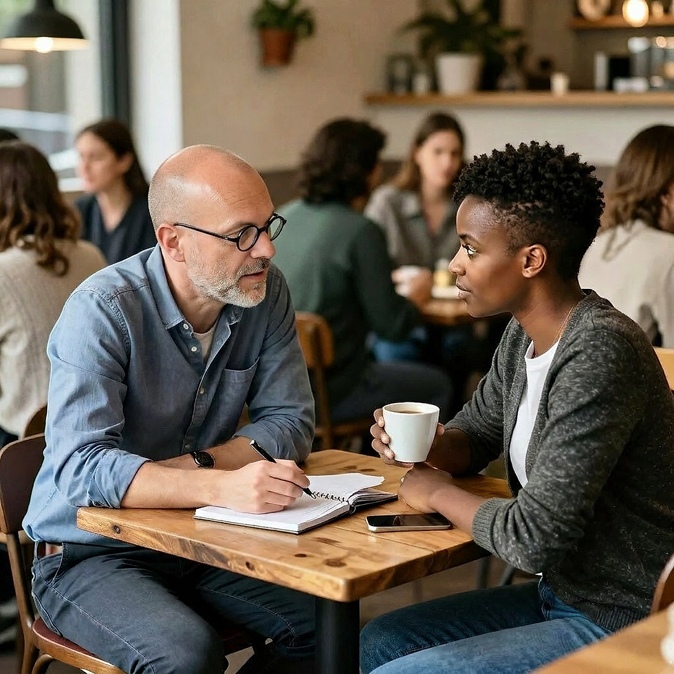 Two colleagues discussing company culture in a cafe.