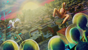 digital illustration of a skydiver shocked to see aliens flying towards him over a city, sunset behind him
