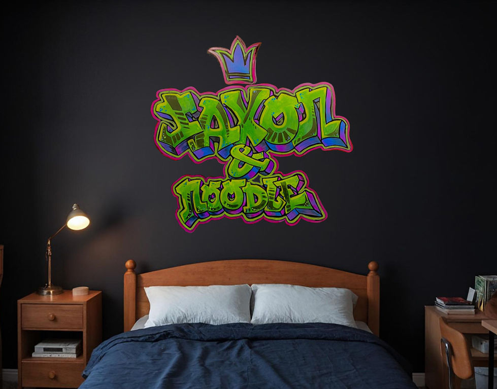 a boy's bedroom wall painted "Jaxon & Noodle" in graffiti style