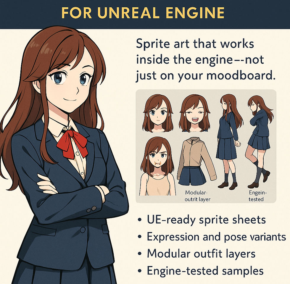 Visual novel character design promotional graphic showing four stylized character expressions, a UI-style layout, and labeled features like "Rig-Ready Layers" and "Engine-Tested Files."