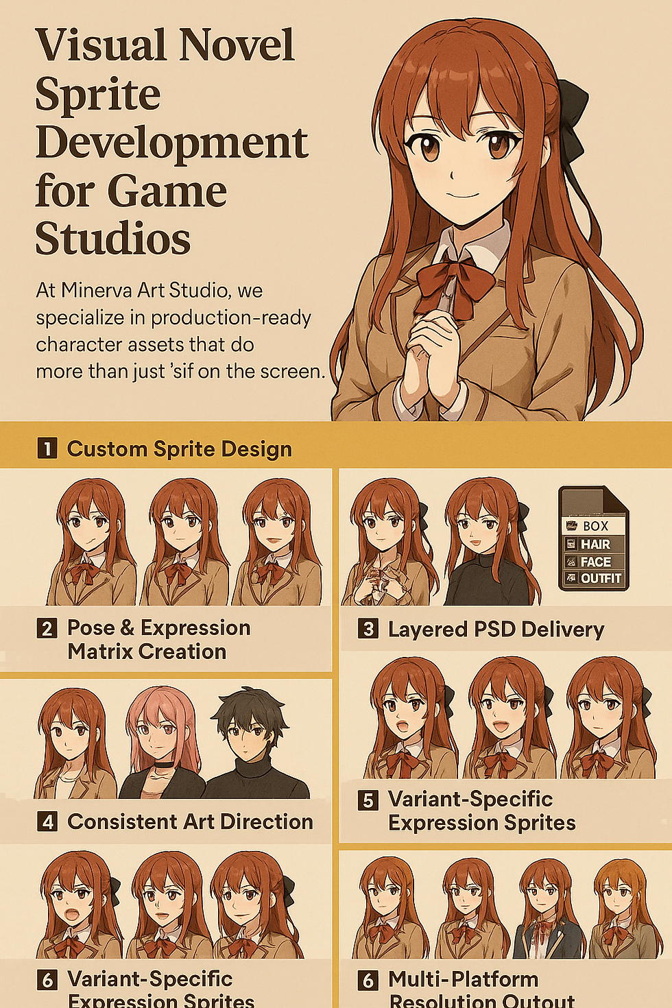 Infographic showing visual novel sprite development services customised for game studios by Minerva Art Studio.