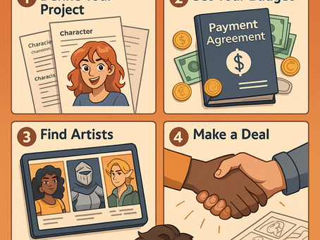 Digital illustration showing 4 steps to commission a comic artist, from script to visual style and project files.