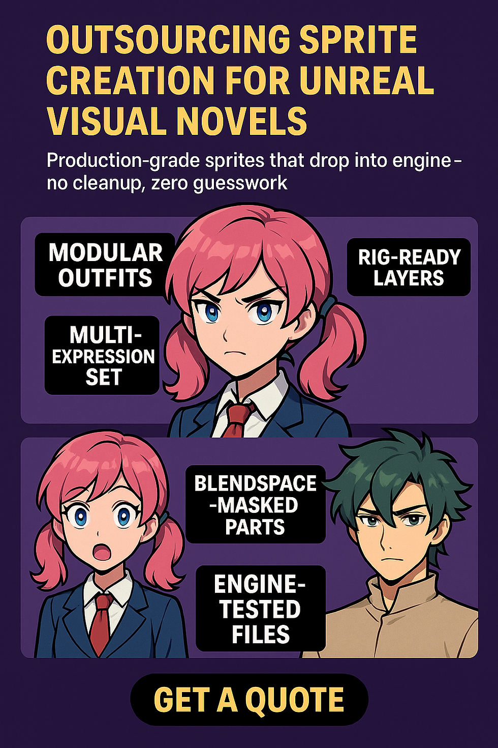 Infographic on outsourcing sprite creation for Unreal Engine visual novels with modular and engine-ready design.