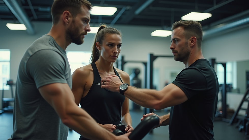 Eye-level view of a personal trainer guiding a client through a workout
