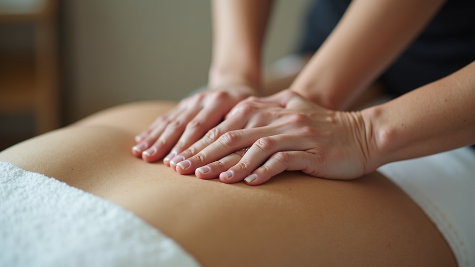 close-up view of a therapist's hands performing gentle back massage