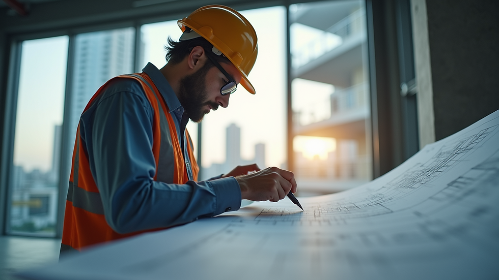 Eye-level view of a structural engineer inspecting a building blueprint