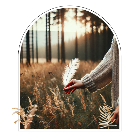 Frau die eine weiße Feder hält, Symbol für die Anwesenheit von Engeln