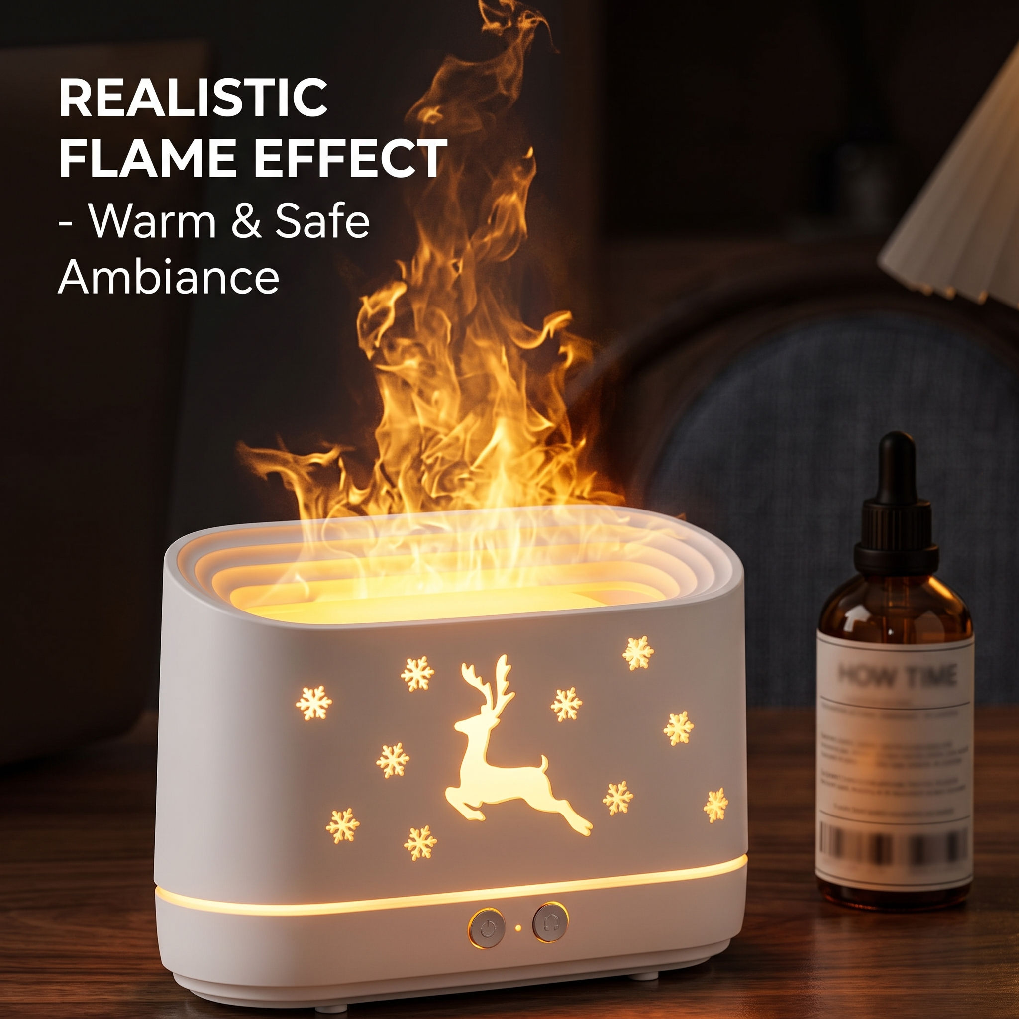 Aesthetic festive reindeer flame humidifier glowing beautifully on a wooden desk with decorative winter books.