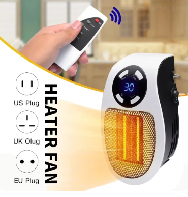 Portable wall-mounted space heater plugged into wall outlet with a remote control, heating a cozy room lifestyle scene.