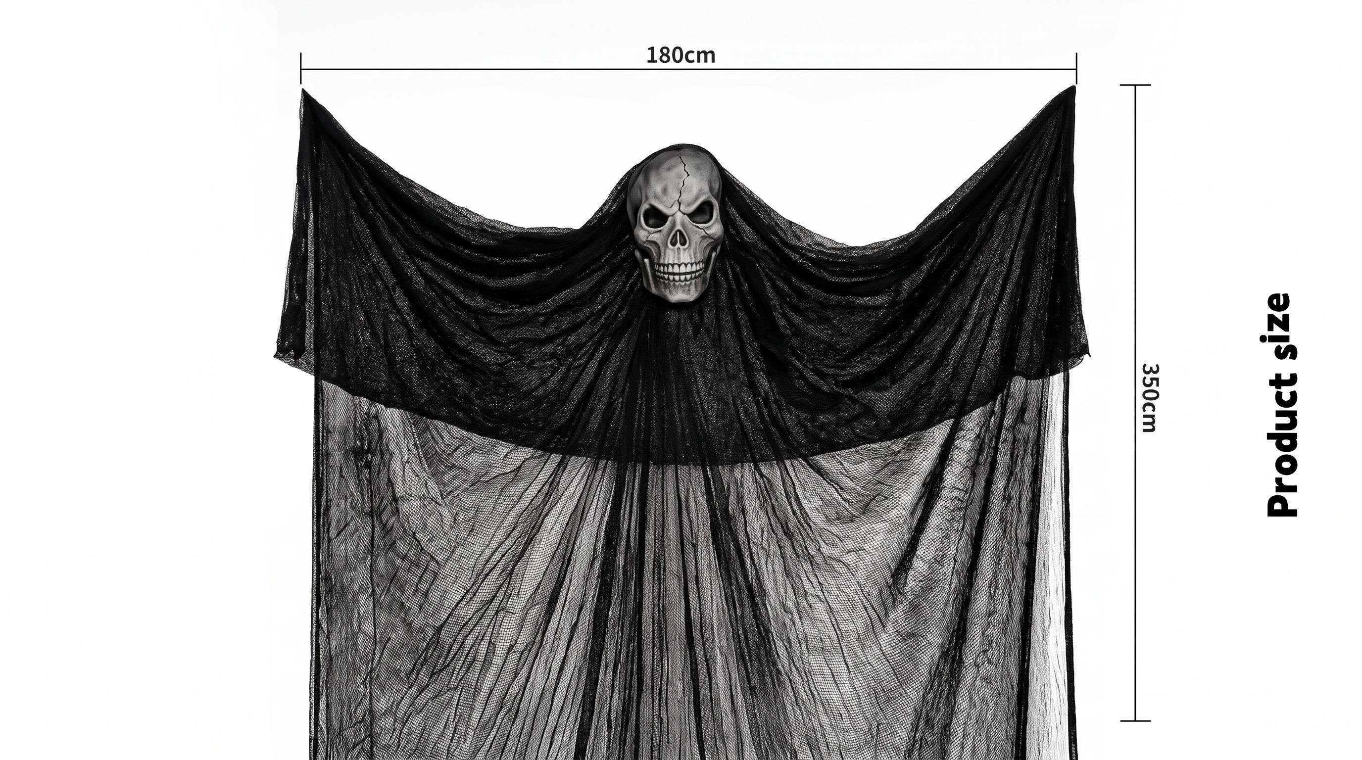Aesthetic hanging skull ghost decoration displaying a massive 180cm tattered black mesh fabric drapery.