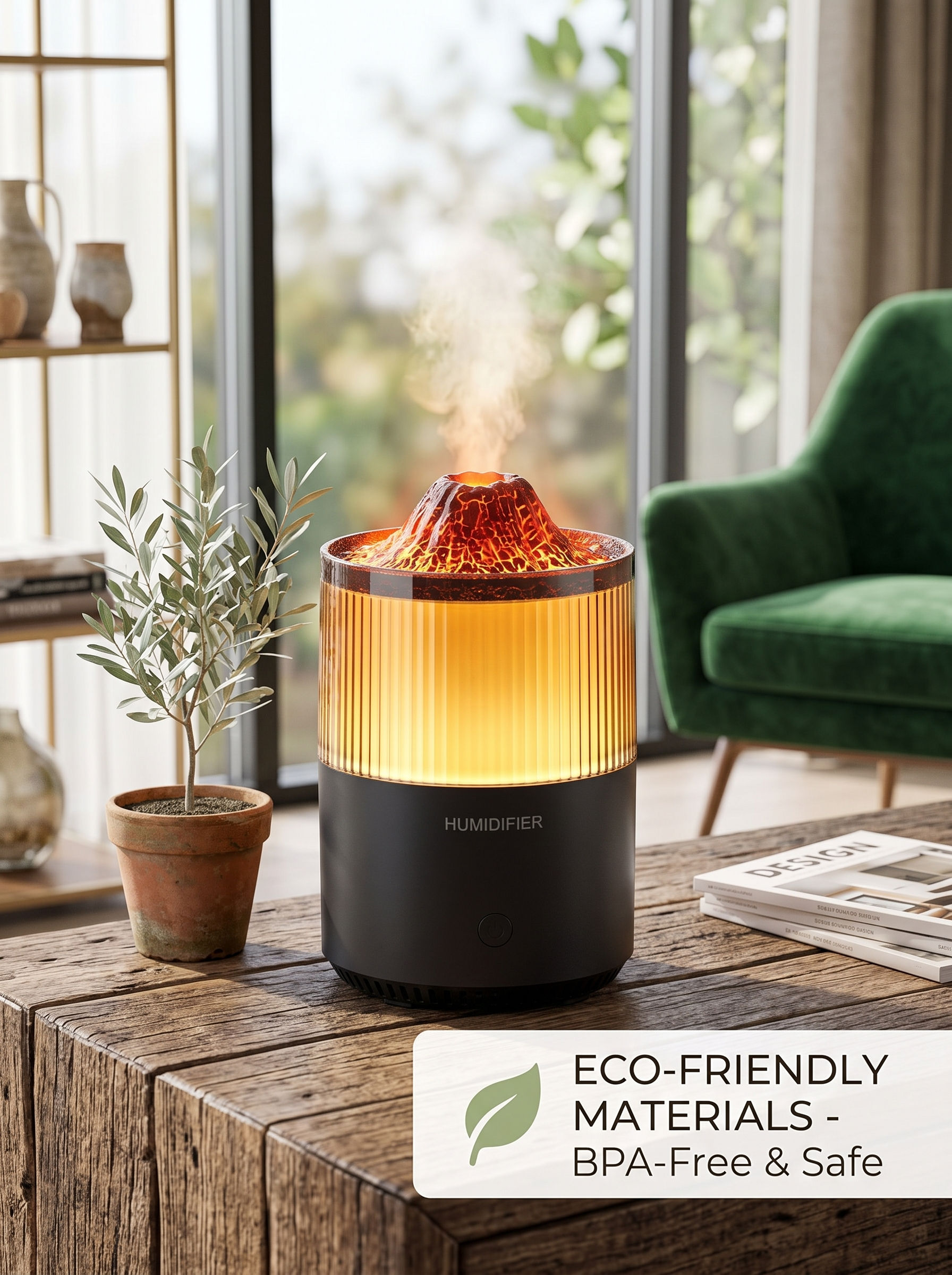 Aesthetic mini volcano flame air humidifier glowing warmly in a beautifully decorated modern living room.
