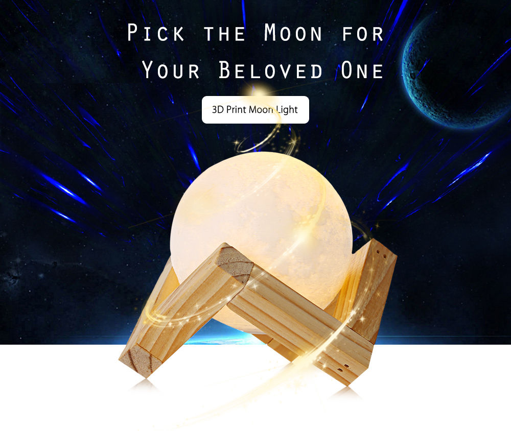 Aesthetic 3D printed lunar moon night light glowing brightly on its geometric wooden stand.