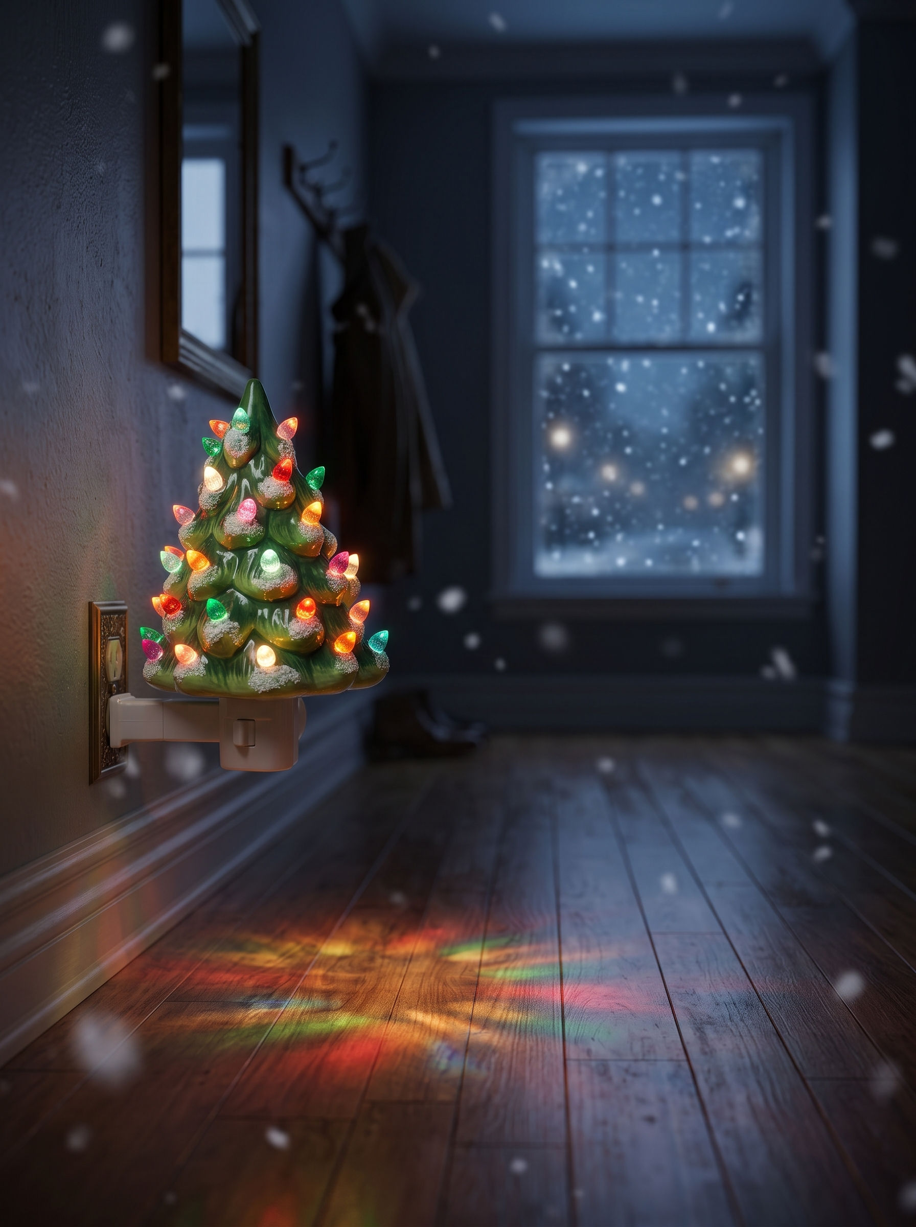 Cozy winter room aesthetic featuring a dimmable mini tree lamp casting a soft warm glow at night.