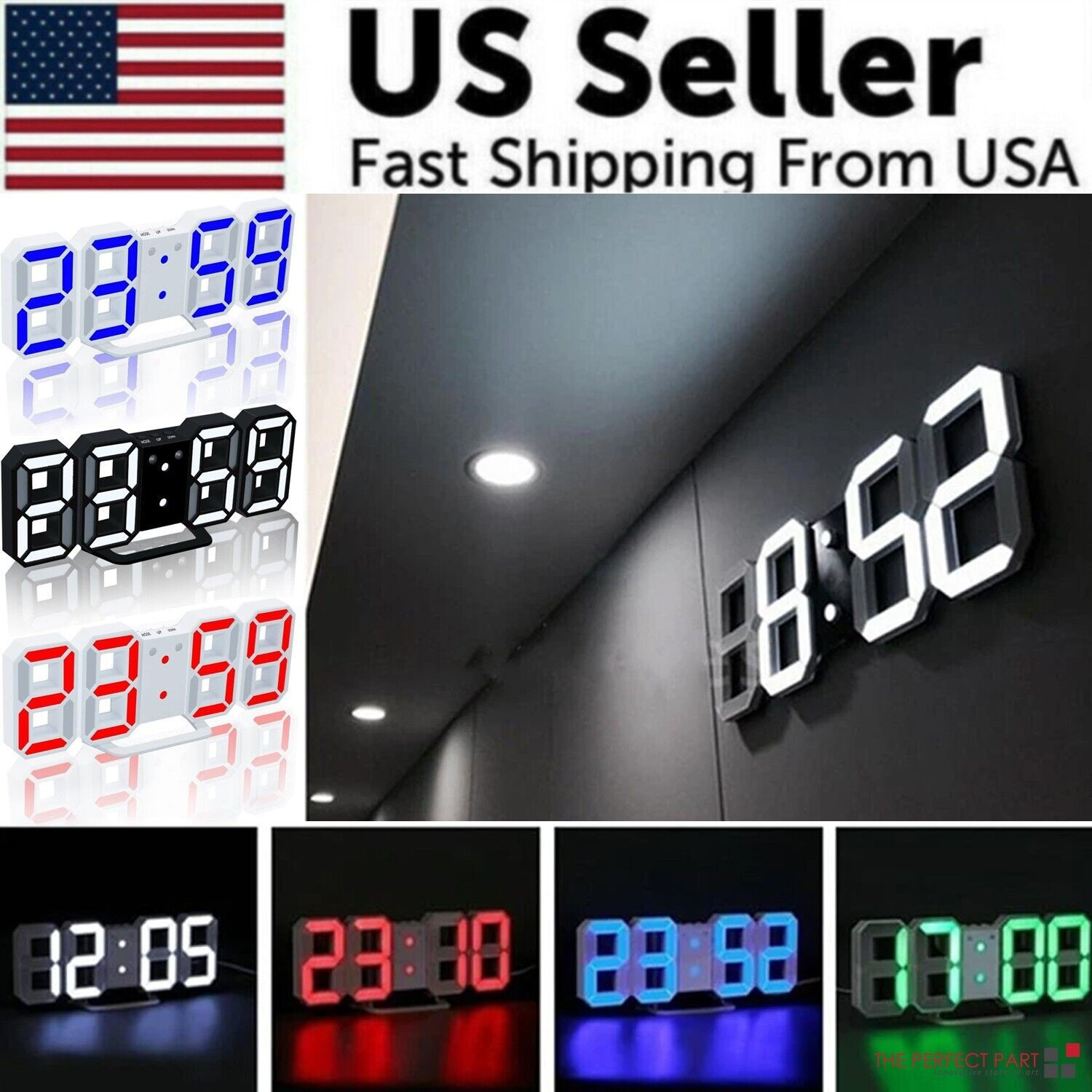 Premium 3D LED digital alarm clock collection from a US seller featuring multiple neon glow colors.