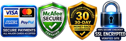 Verified payment badges and secure checkout trust seals including Visa, Mastercard, American Express, and McAfee.