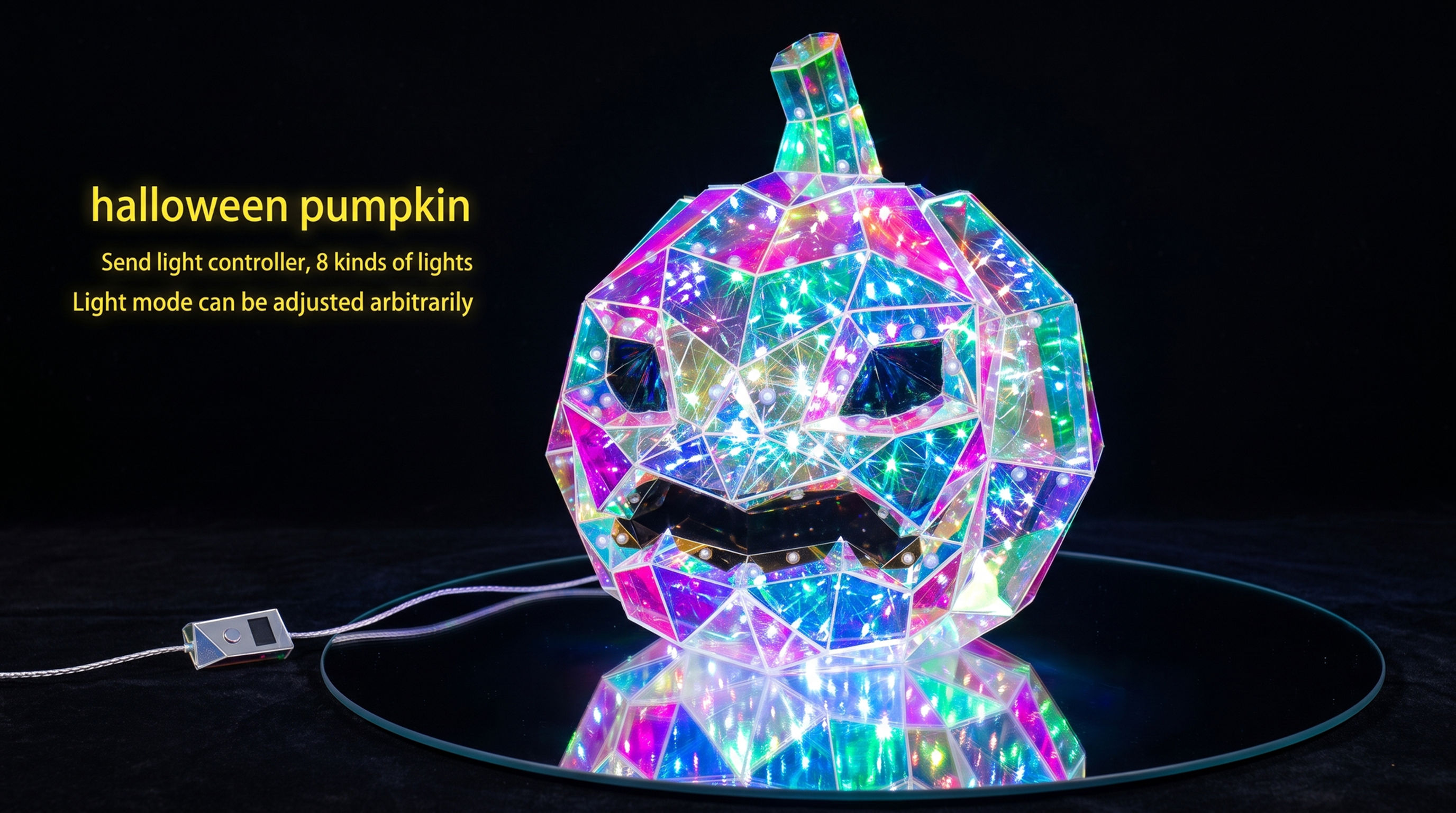 Aesthetic geometric 3D holographic LED pumpkin displaying a vibrant iridescent crystal-cut multi-color glow.