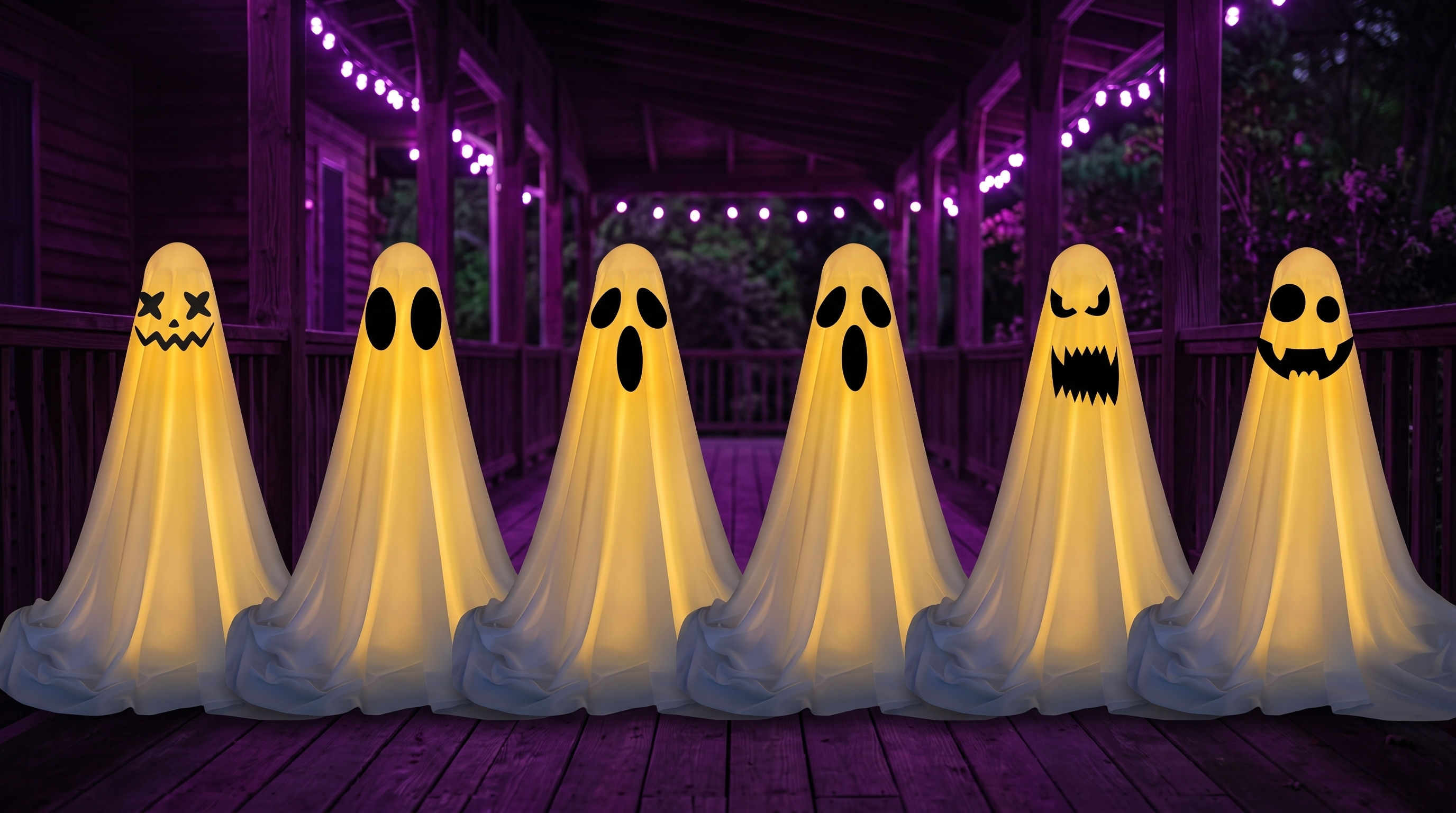 Aesthetic glowing ghost Halloween decorations displaying a row of multiple spooky phantom expressions.