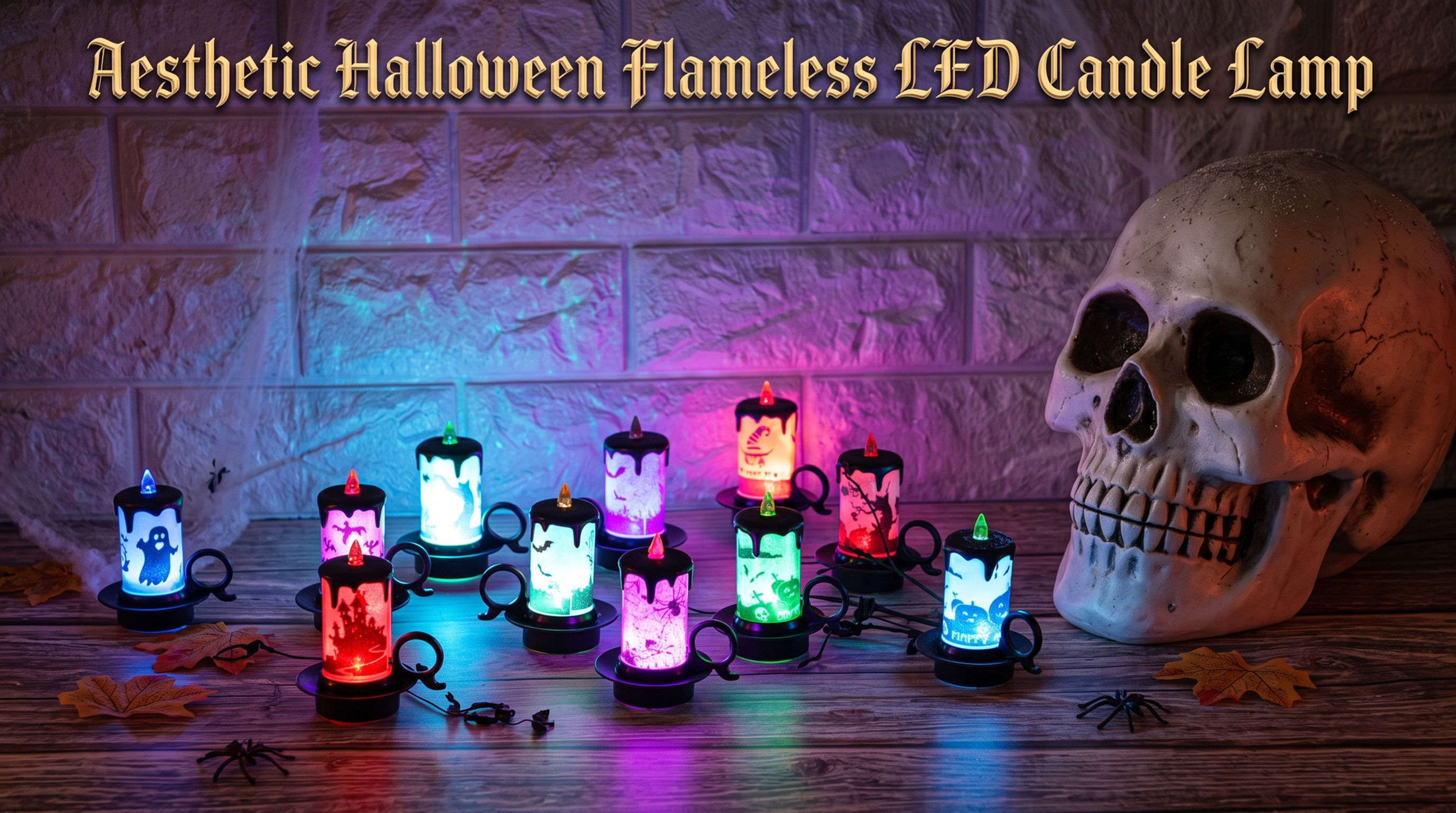 Aesthetic Halloween flameless LED candle lamps displaying vibrant multi-color atmospheric holiday lighting grids.
