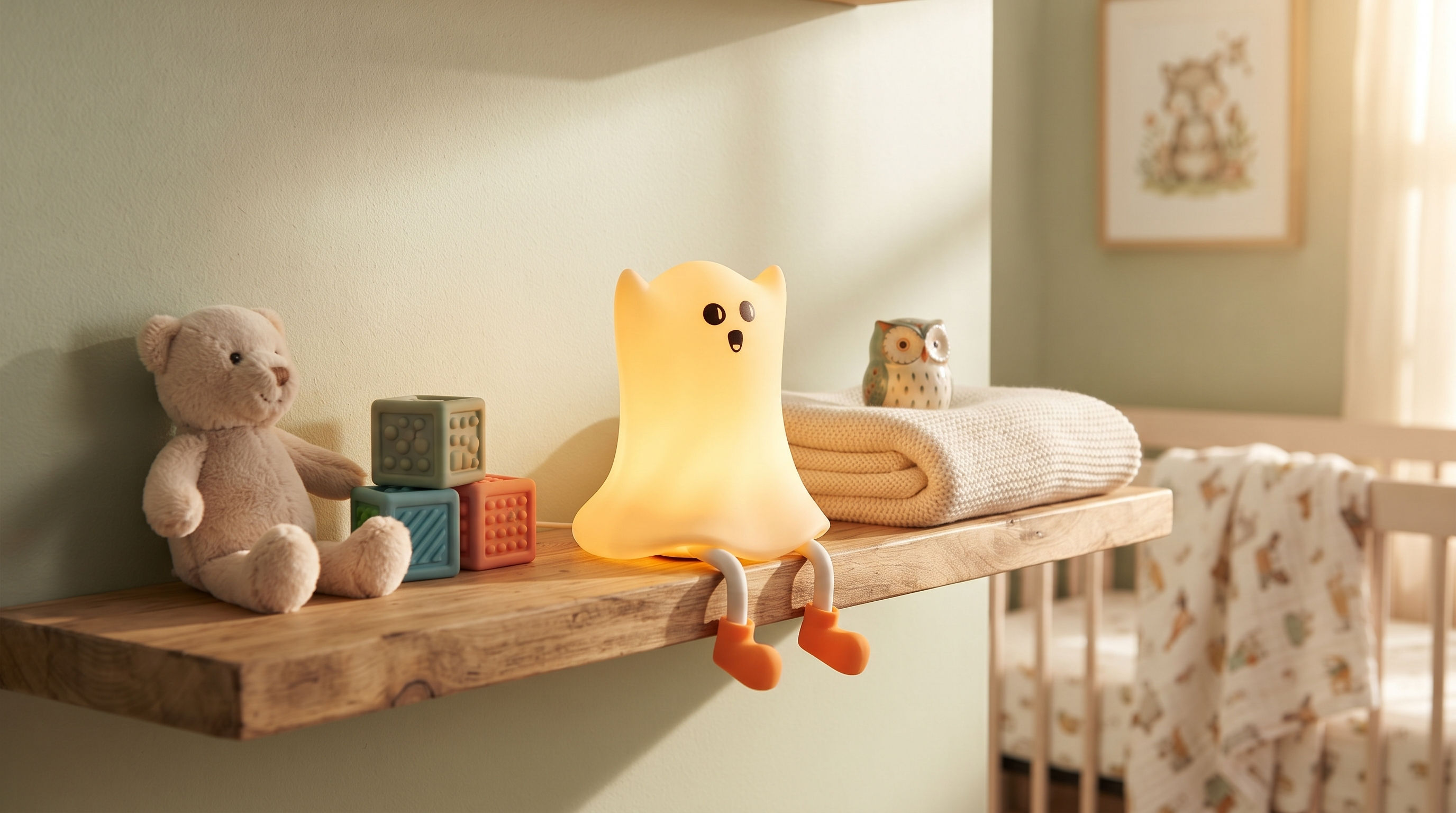 Aesthetic squishy ghost night light with cute rope legs casting a warm amber LED glow at night.