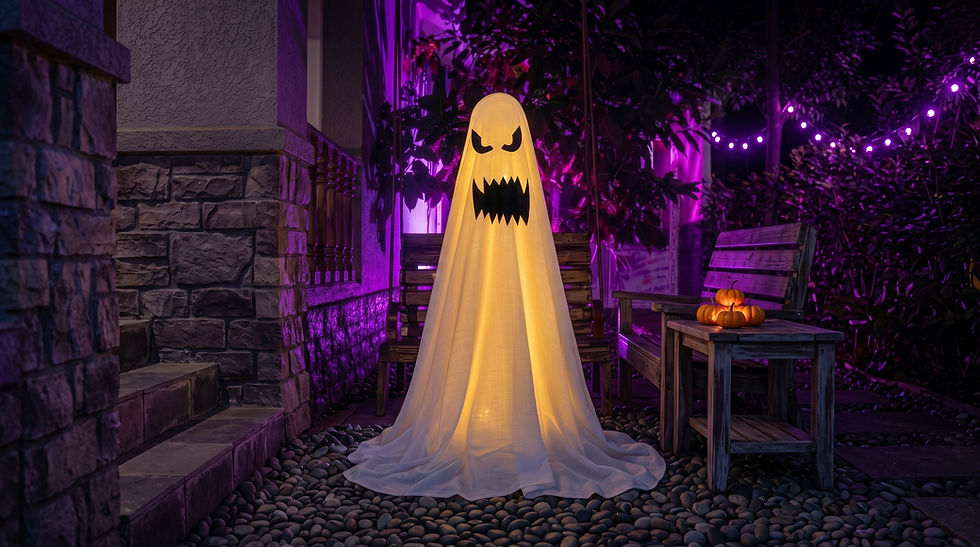 Standing haunted phantom ghost emitting a warm brilliant LED ambient glow in a dark backyard garden.