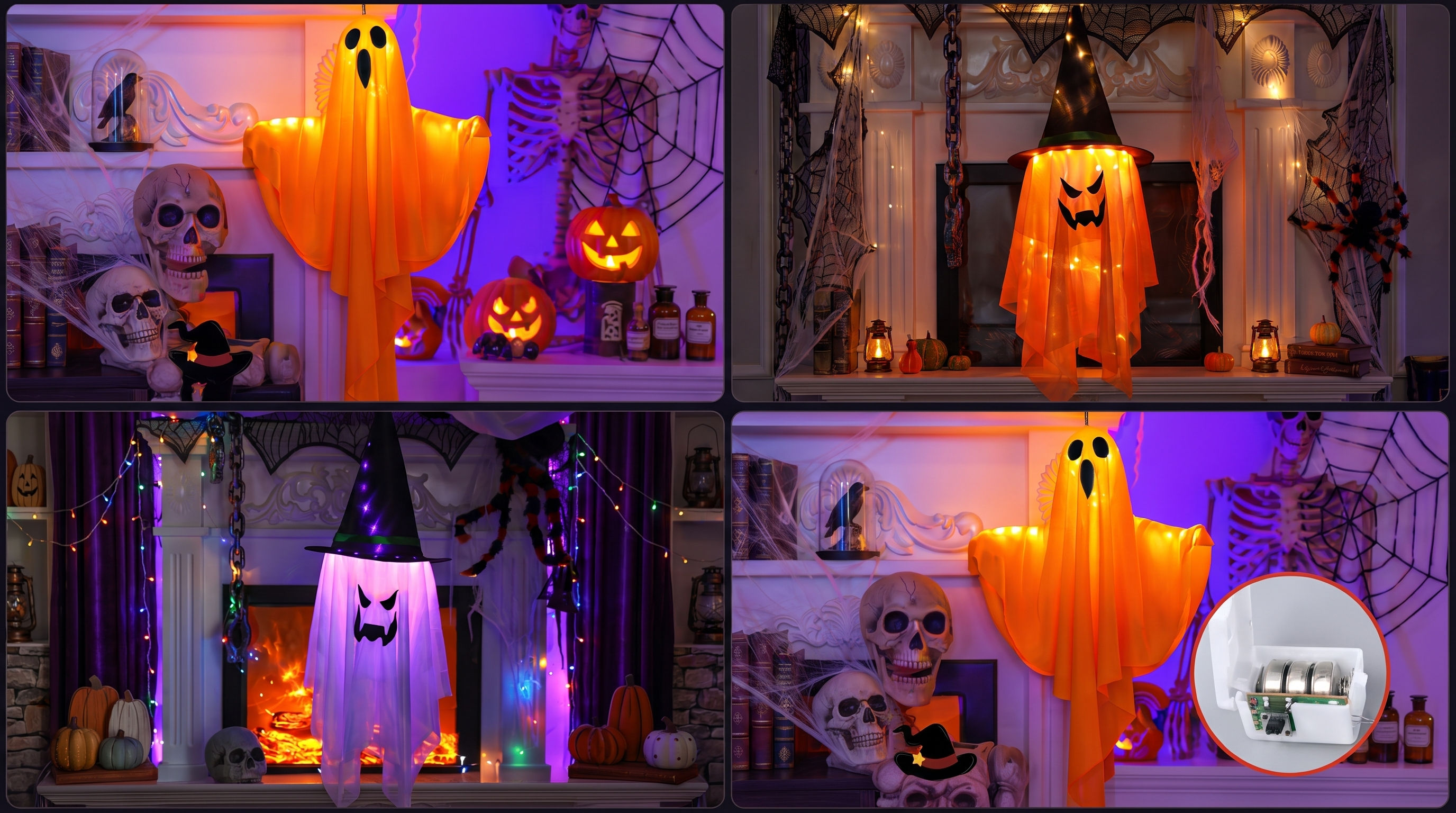 Aesthetic Halloween witch hat LED ghost lights casting a warm amber cozy atmospheric glow.